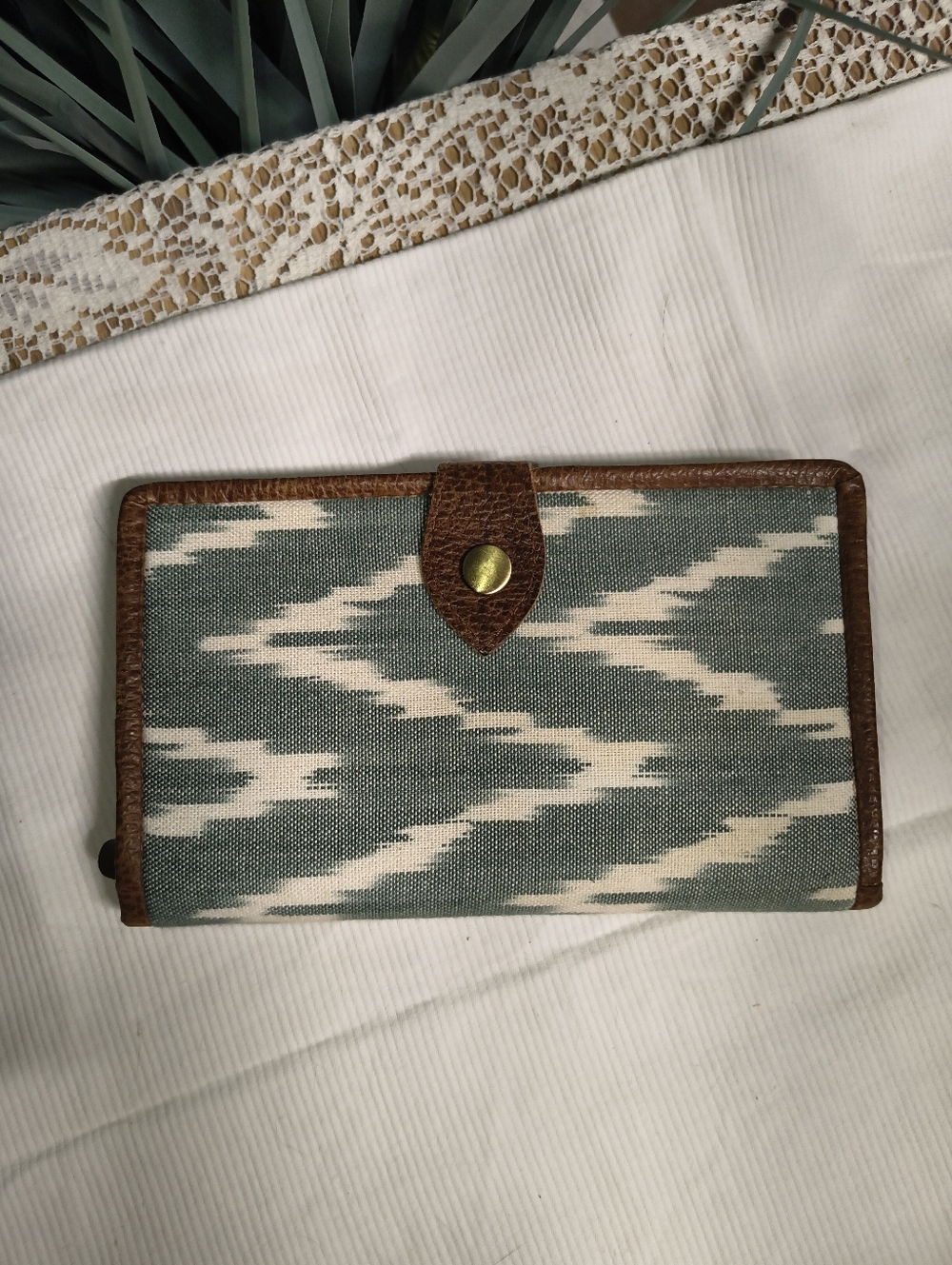100% Cotton Teal Striped Canvas Wallet with Brown Eco Leather Trim